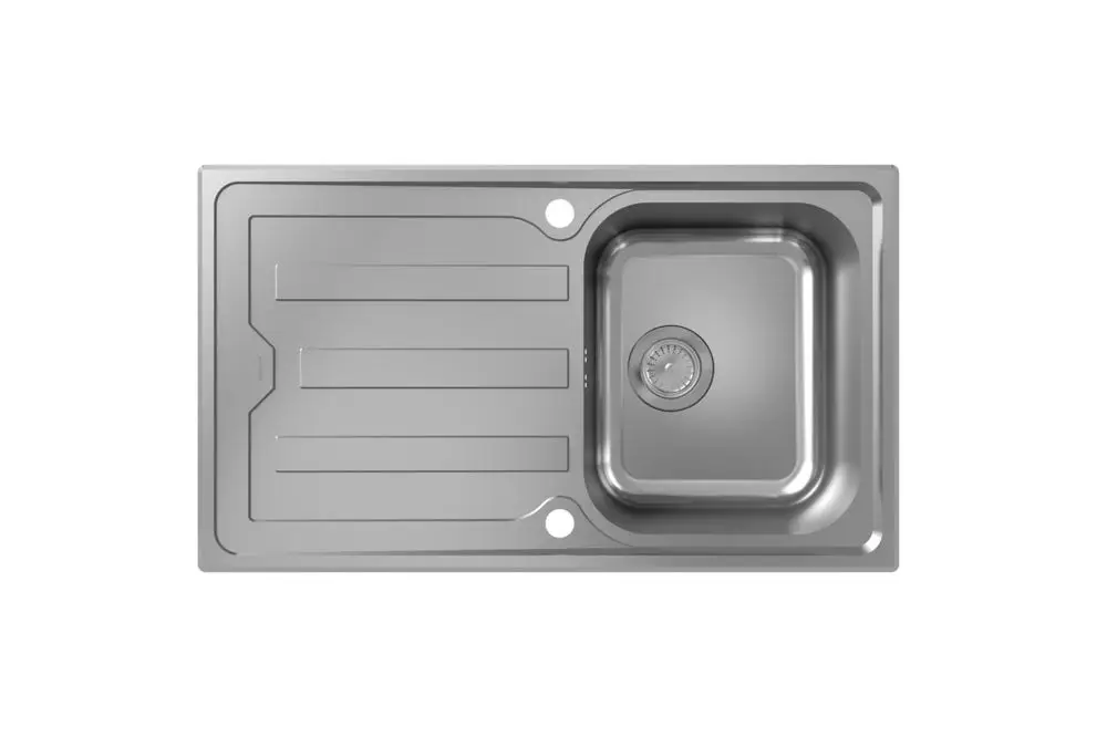 Edelstahlspüle mit einer großen Hauptbecken und integrierter Abtropffläche von Hansgrohe, ausgestattet mit einer automatischen Ablaufgarnitur.